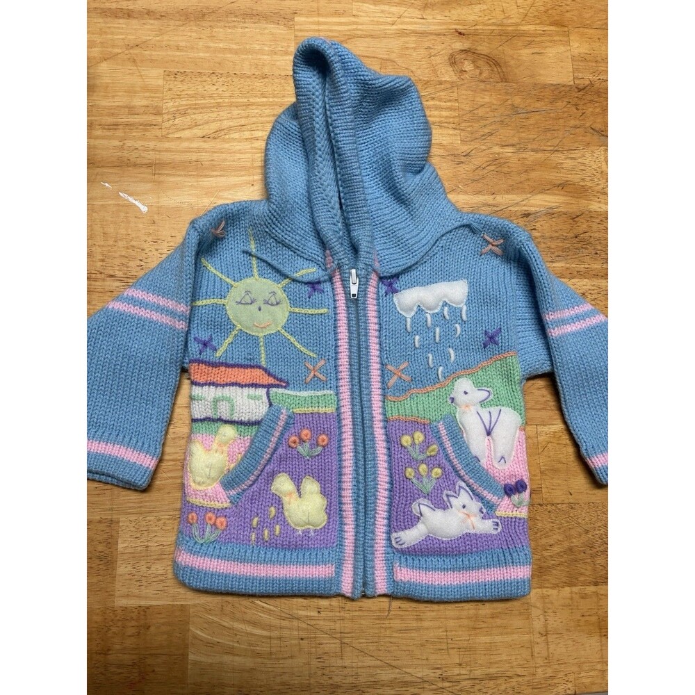 Handmade Vintage Hoodie Kids DIY Embroidered Cottagecore Farm Scene Full Zip